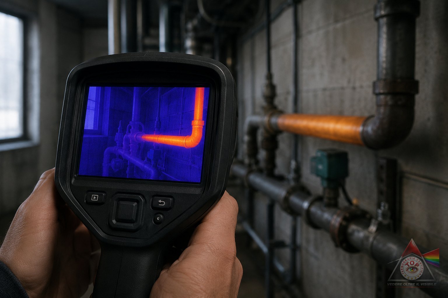 Termocamera impugnata davanti a una centrale termica: sul display la stessa tubazione inquadrata compare in falsi colori, con la mandata calda in arancione sul fondo blu