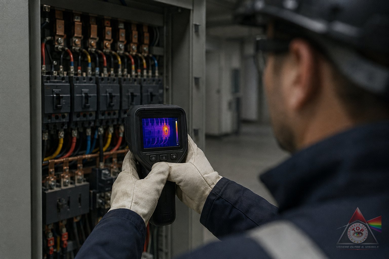 Rilievo termografico su un quadro elettrico in esercizio: sul display della termocamera un morsetto appare molto più caldo dei componenti gemelli adiacenti