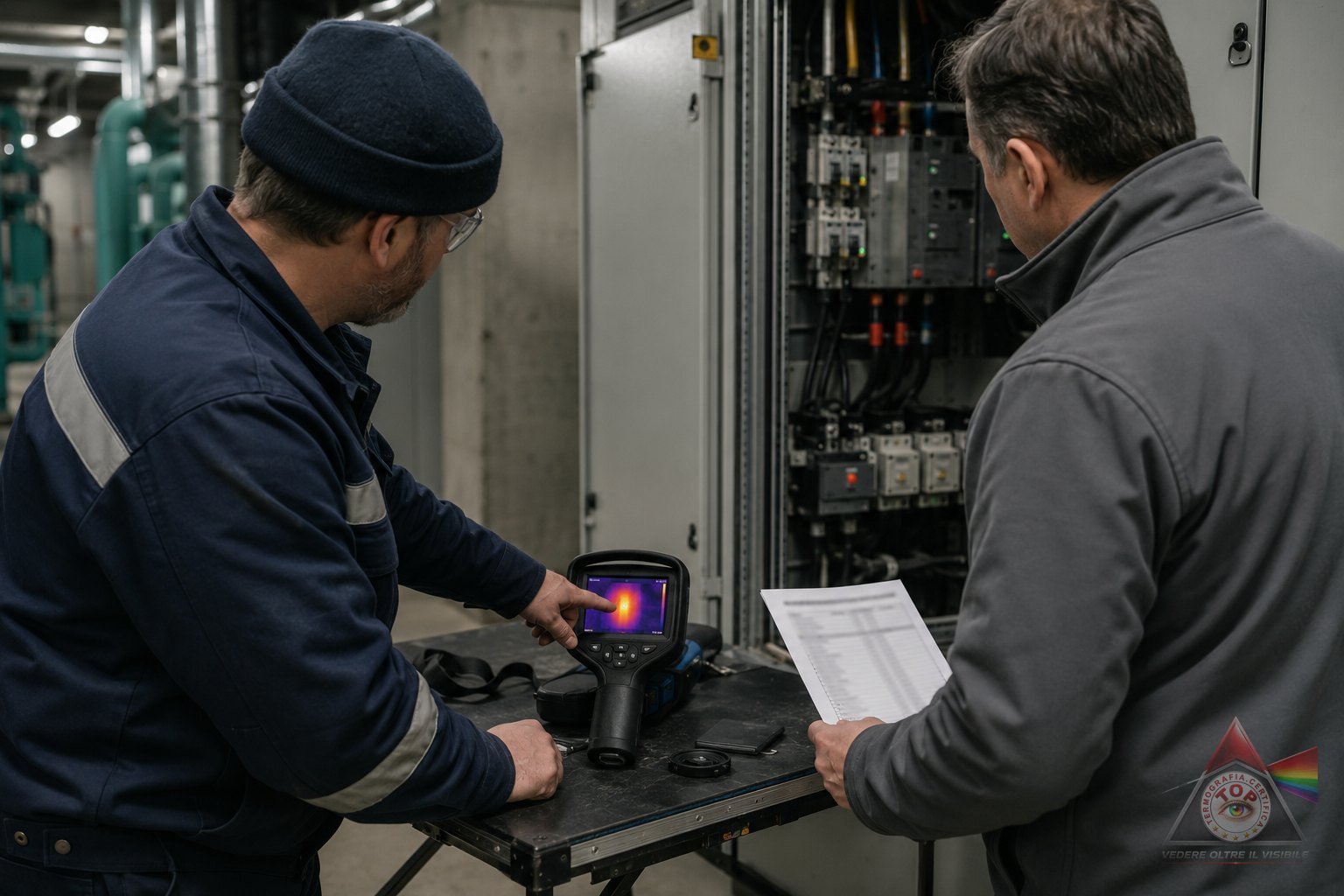 Il termografista spiega al responsabile di stabilimento il punto caldo comparso sul display della termocamera, davanti al quadro elettrico aperto
