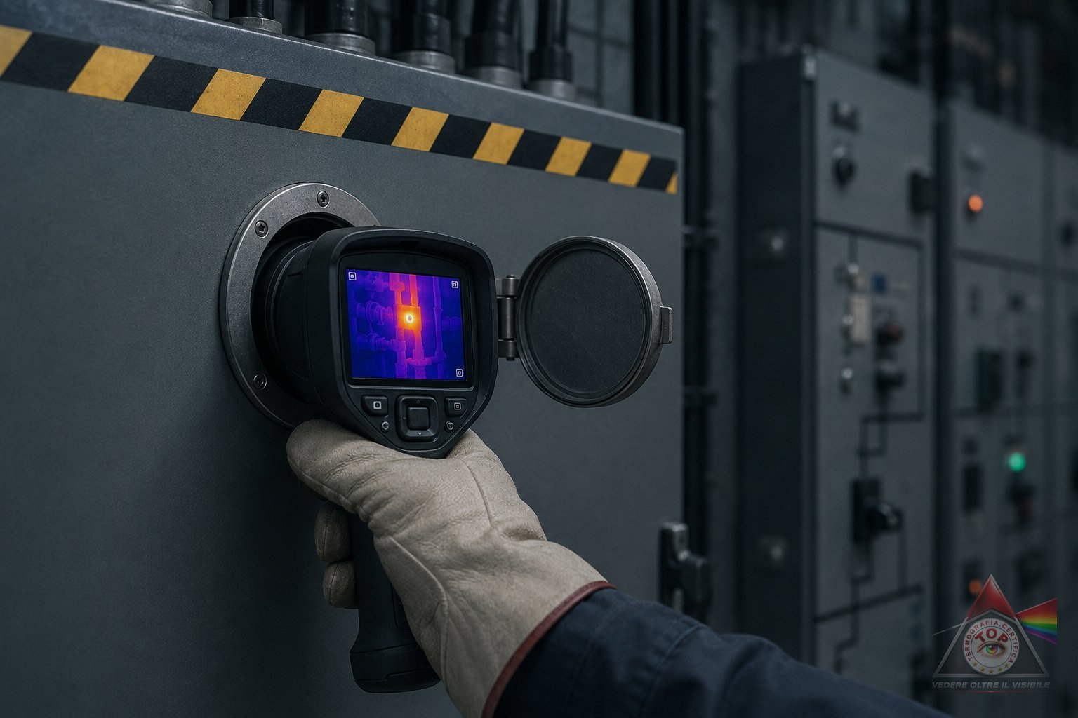 Ispezione termografica attraverso una finestra a infrarossi: la termocamera è appoggiata all'oblò aperto sulla portella del quadro, che resta chiusa e in tensione