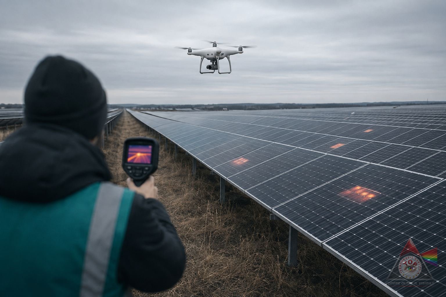 Ispezione termografica di un campo fotovoltaico a terra: un drone con termocamera sorvola le stringhe mentre un tecnico riprende la stessa fila da terra, con alcune celle surriscaldate