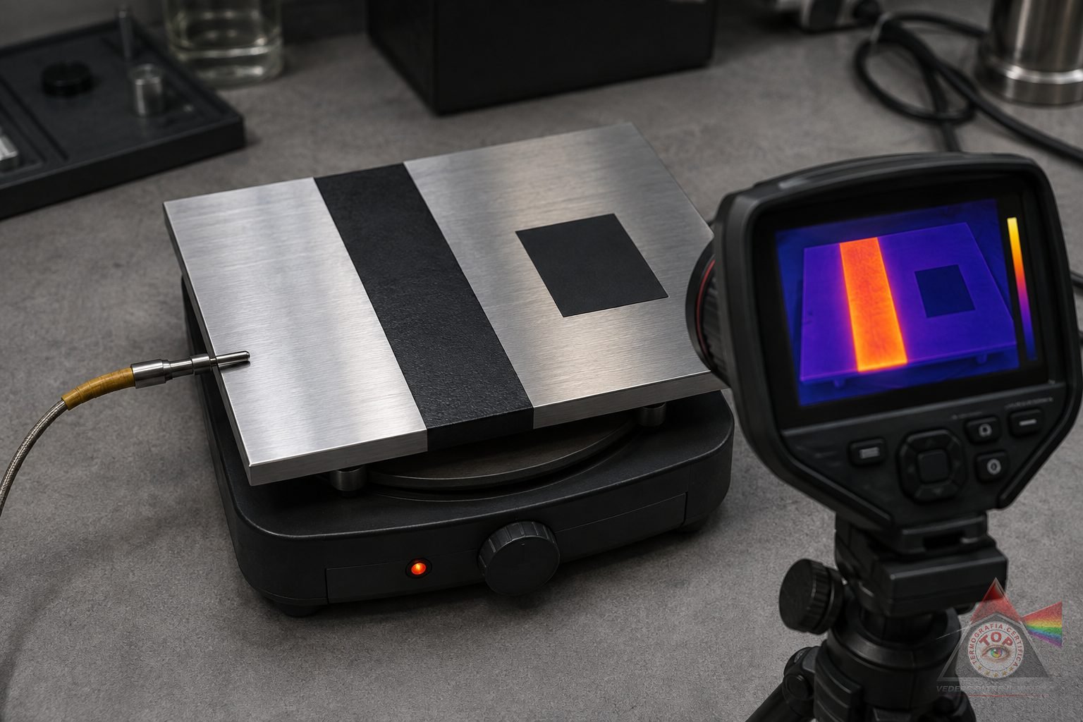 Prova di emissività su una piastra di acciaio lucido con nastro opaco di riferimento: alla termocamera la striscia opaca appare calda e il metallo lucido freddo, pur essendo alla stessa temperatura