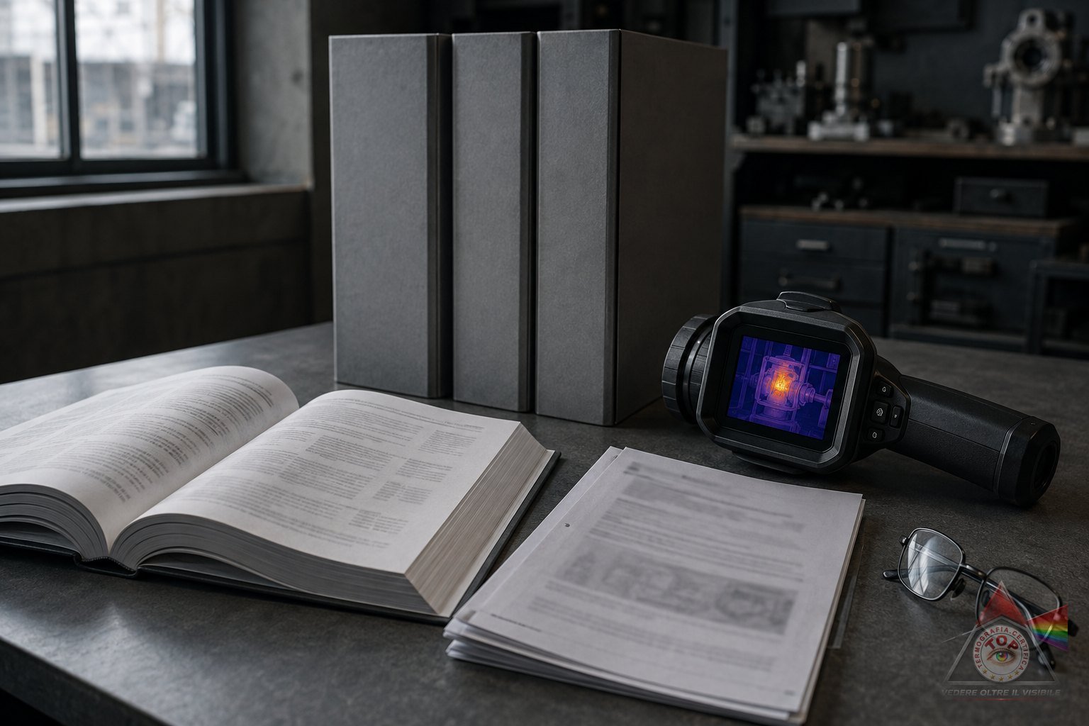 Scrivania tecnica con la documentazione di un'indagine termografica: norme rilegate, raccoglitori, il fascicolo di rapporto e la termocamera appoggiata accanto