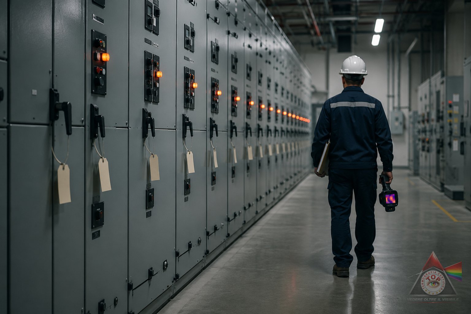 Fila di scomparti di quadro elettrico in una cabina industriale, ciascuno con il cartellino di controllo appeso alla maniglia, percorsa da un manutentore con termocamera