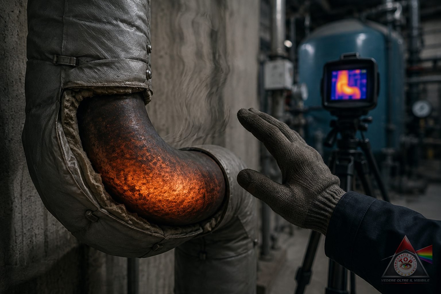 Gomito di tubazione con il coibente aperto: il metallo caldo irraggia, l'aria sopra ondeggia per convezione e la termocamera su treppiede riprende lo stesso punto in falsi colori
