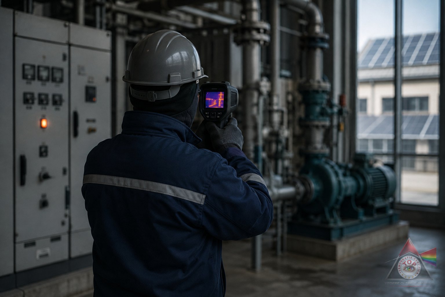 Tecnico termografico al lavoro in un impianto industriale: nella stessa inquadratura i quadri elettrici, le tubazioni di processo con la pompa e, oltre la vetrata, i moduli fotovoltaici in copertura