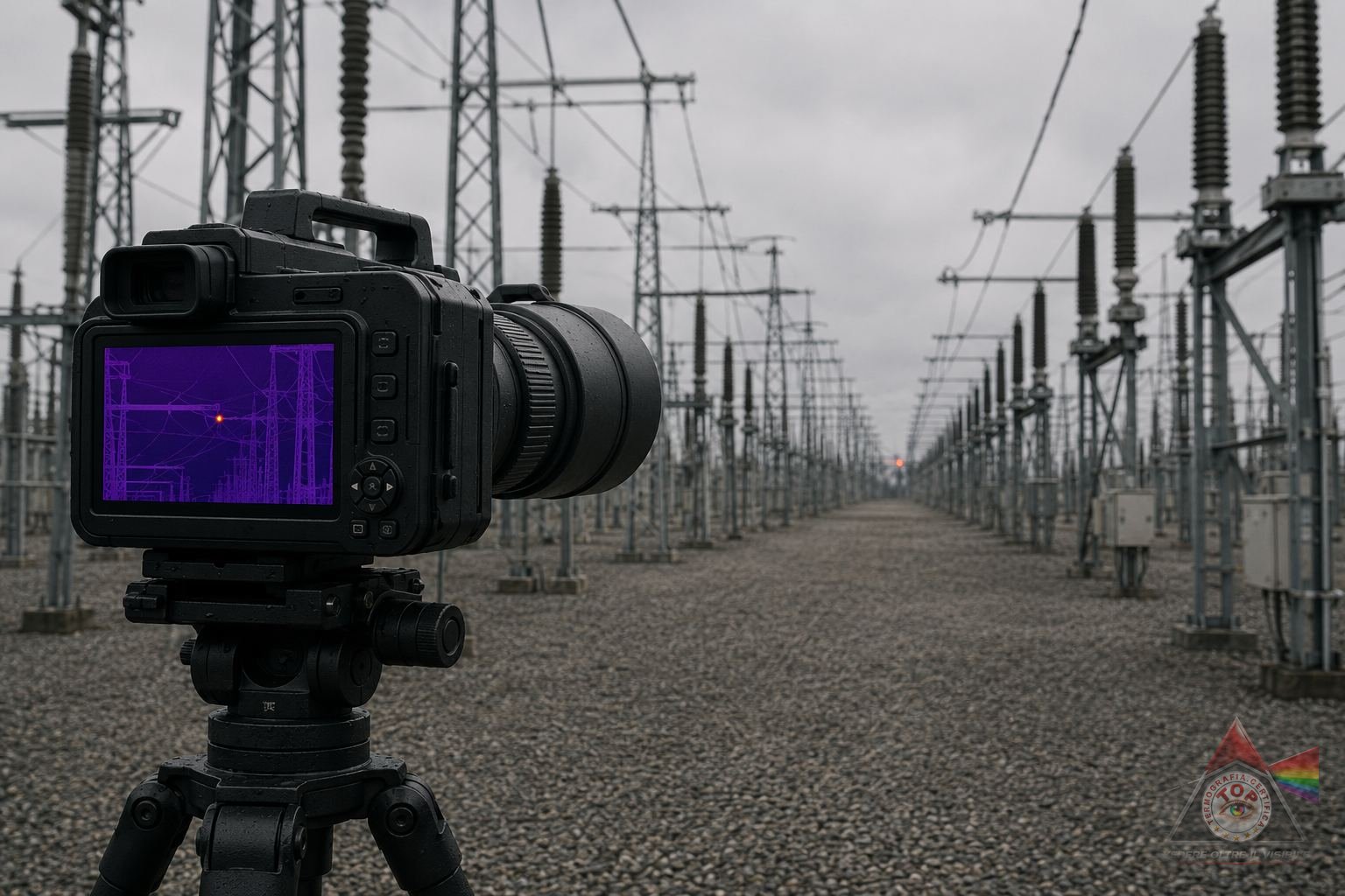 Termocamera con teleobiettivo su treppiede puntata lungo una sottostazione elettrica: sul display il punto caldo lontano occupa pochissimi pixel, al limite della risoluzione di misura