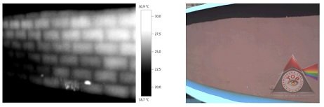 Termogramma di una parete intonacata in cui emerge la tessitura della muratura sottostante, affiancato alla fotografia nel visibile della stessa parete, che appare uniforme