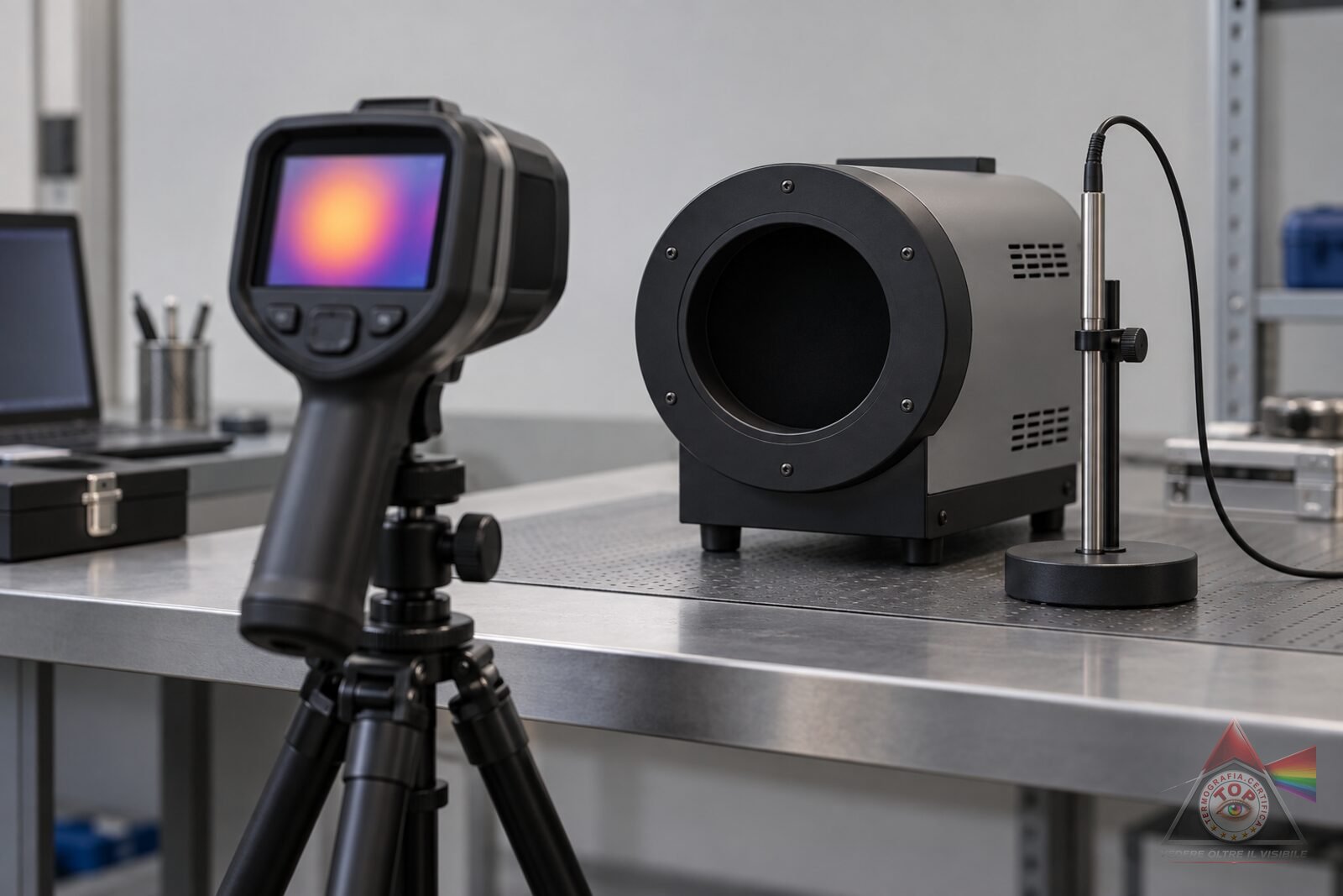 Termocamera davanti a un corpo nero di riferimento su un banco di taratura: la riferibilità metrologica dello strumento