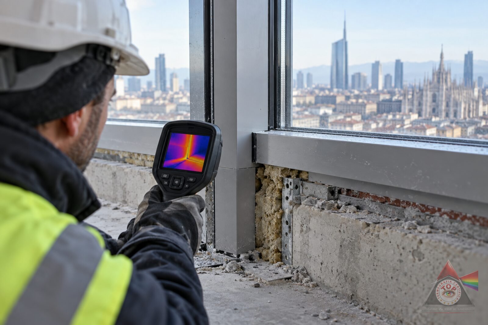 Commissioning dell'involucro: verifica termografica del giunto fra montante della facciata continua e bordo solaio in un edificio milanese in consegna