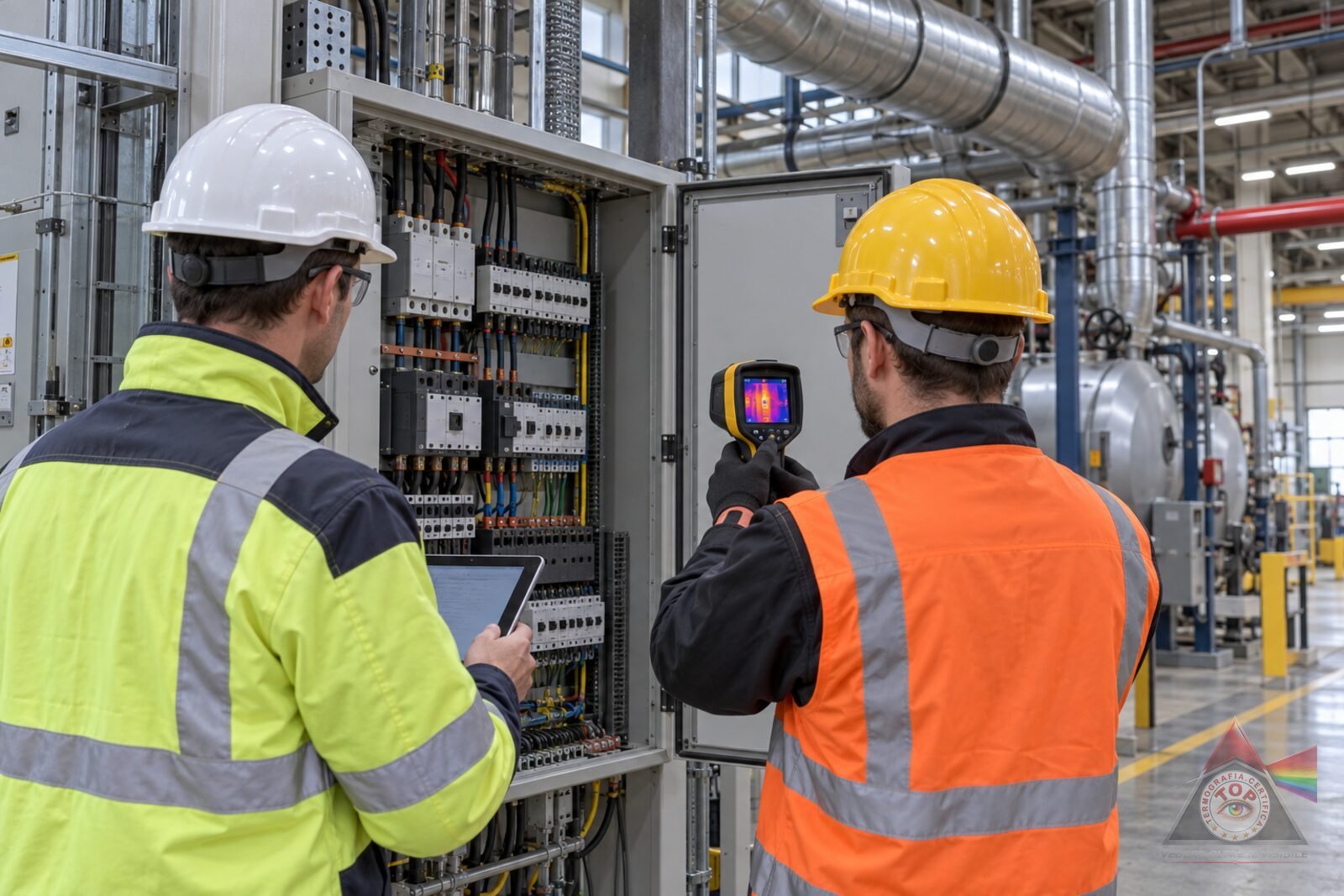 Diagnosi energetica in uno stabilimento lombardo: auditor e tecnico termografico davanti a un quadro di distribuzione e alle condotte di impianto
