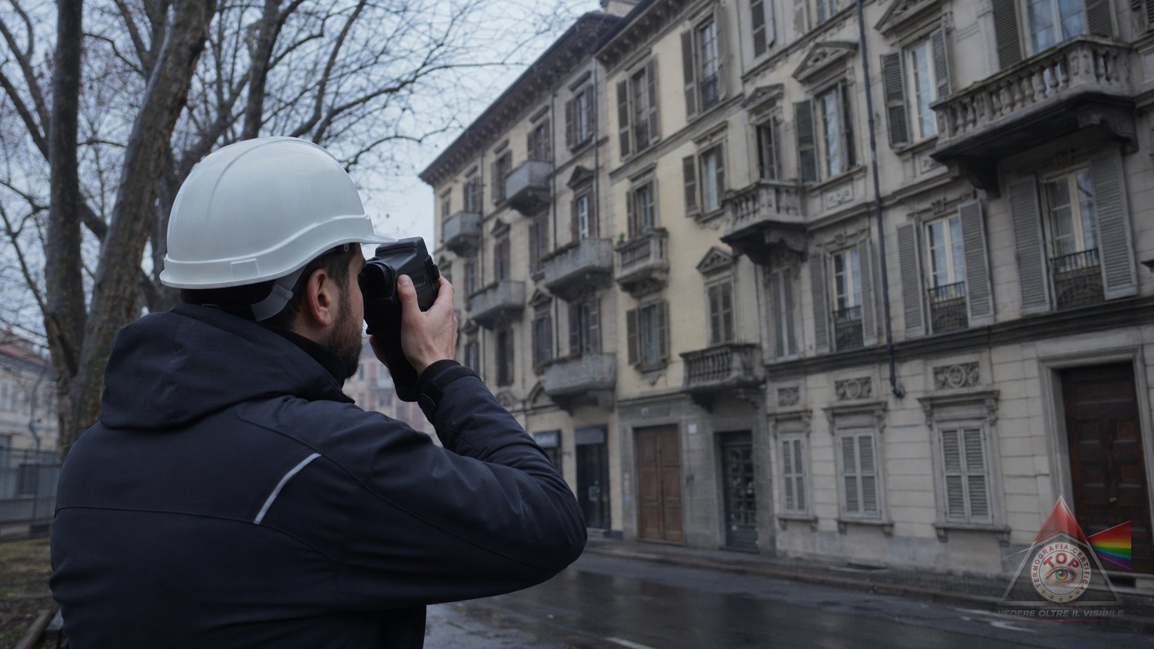 Tecnico termografico esegue un rilievo con termocamera sulla facciata di un edificio storico a Torino in una mattina invernale