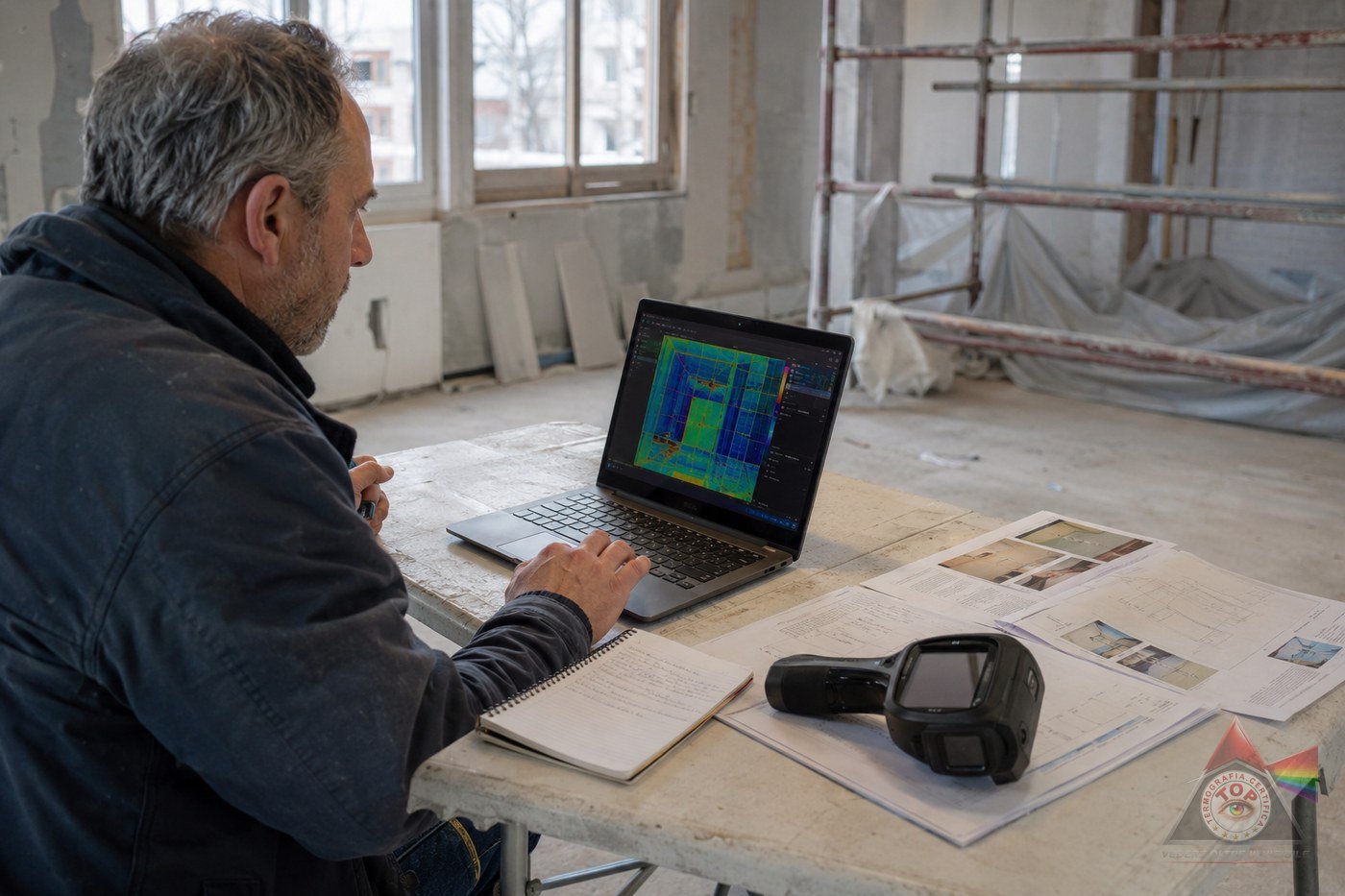 Tecnico termografico rivede i termogrammi e redige il rapporto di prova su computer portatile in cantiere