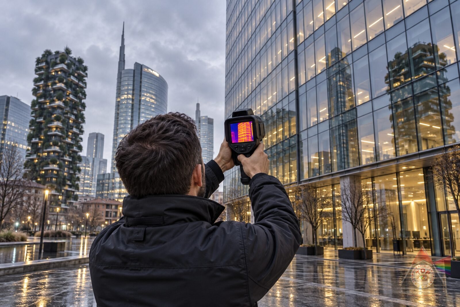 Rilievo termografico all'alba sulla facciata continua di un edificio direzionale nel nuovo quartiere degli affari di Milano