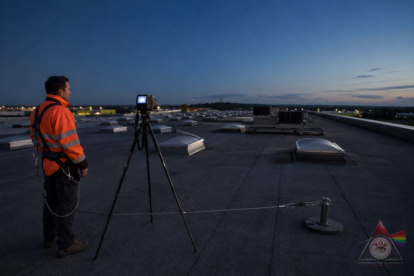 Termocamera su treppiede durante un rilievo notturno su copertura piana di un capannone industriale