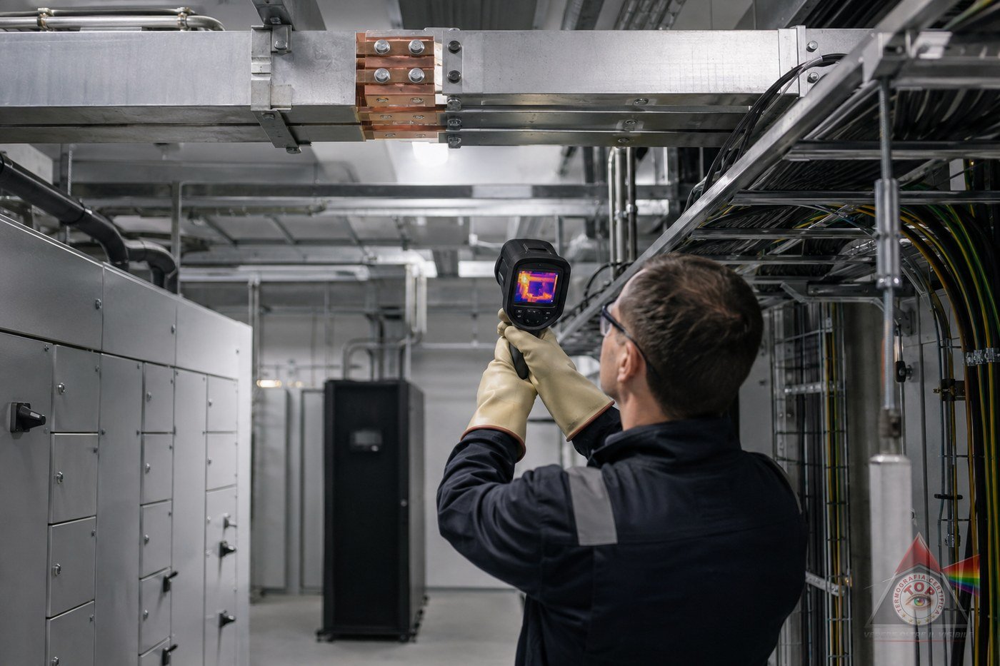 Ispezione termografica di quadri elettrici e condotti sbarre in una sala tecnica con impianto in esercizio