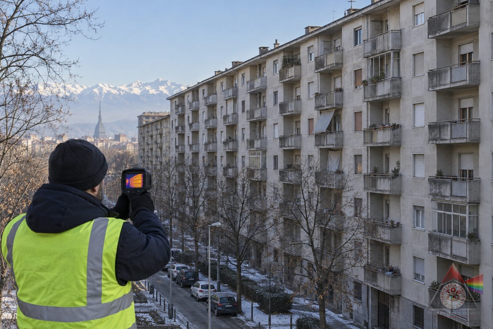 Rilievo termografico invernale sulla facciata di un edificio di edilizia residenziale pubblica alla periferia di Torino, con le Alpi sullo sfondo