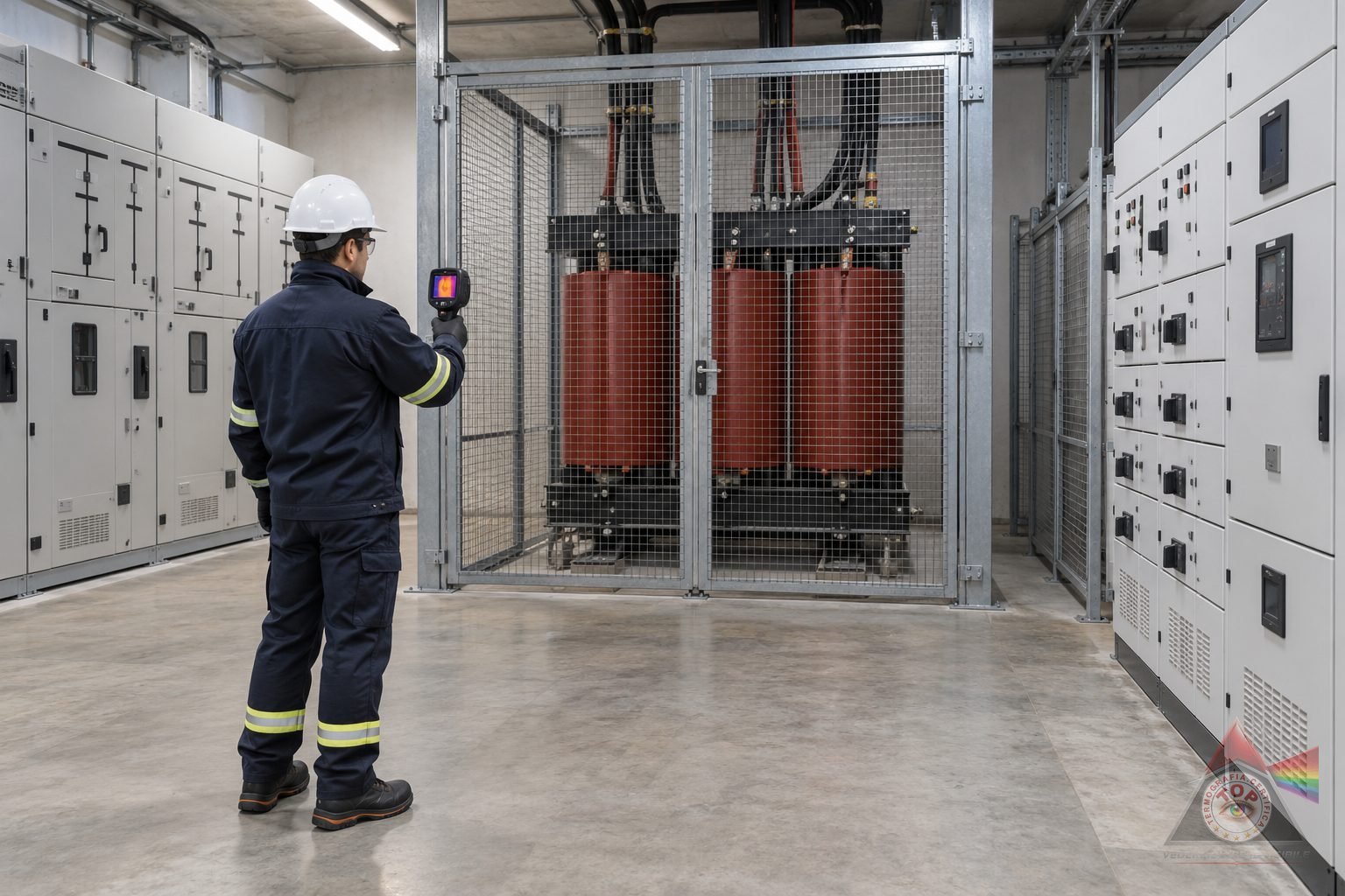 Interno di una cabina elettrica MT/BT con trasformatore in resina e quadro di media tensione, un operatore con termocamera a distanza di sicurezza davanti alle celle chiuse