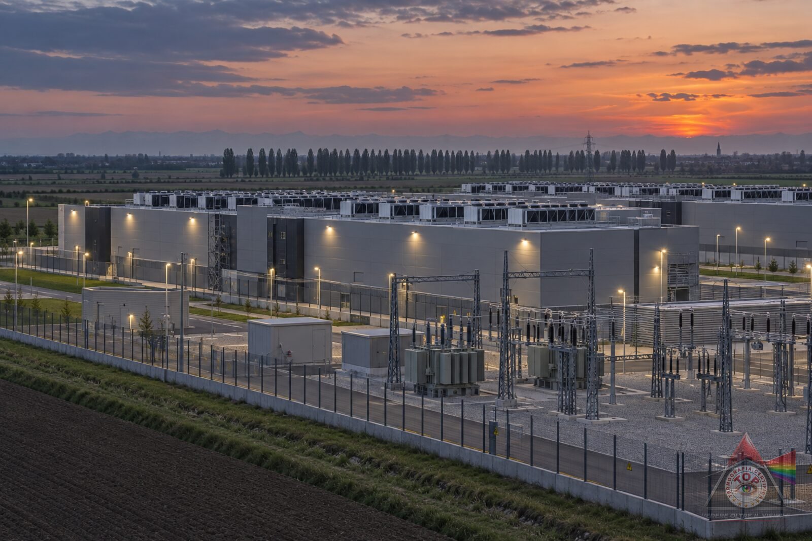 Campus di data center nella pianura dell'hinterland milanese al crepuscolo, con una cabina elettrica di media tensione in primo piano e i padiglioni illuminati sullo sfondo