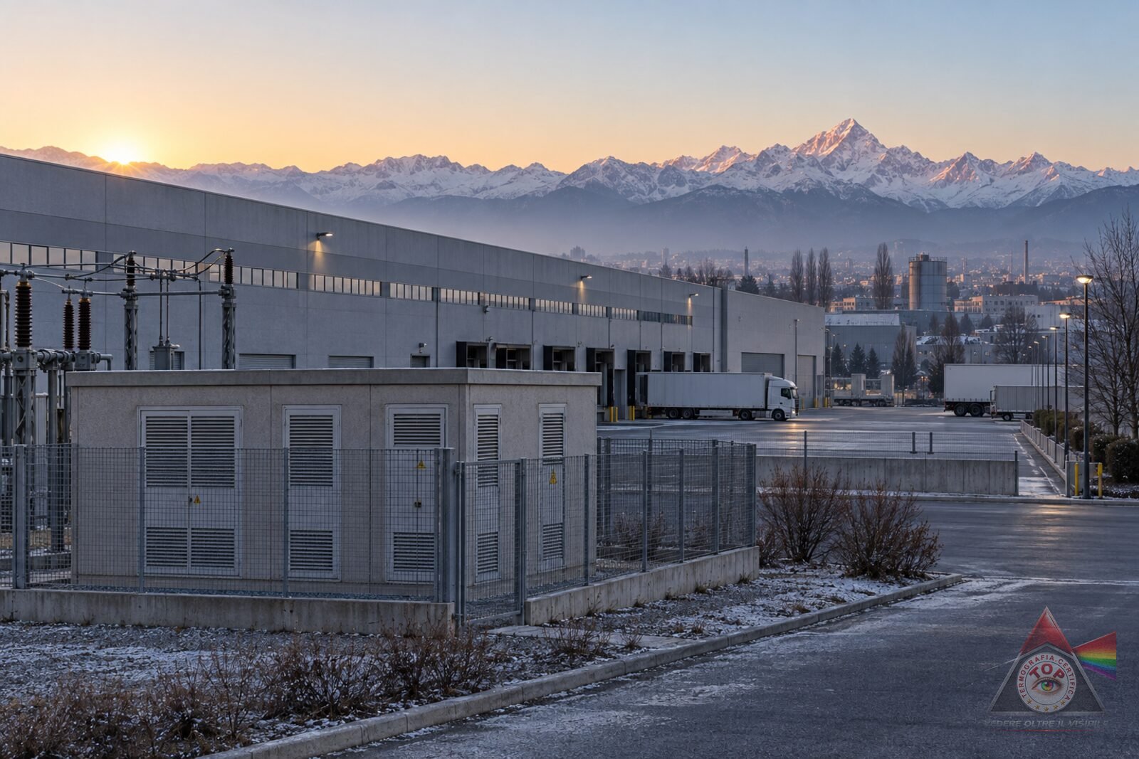 Capannone industriale con cabina elettrica di media tensione all'alba nella cintura torinese, con le Alpi sullo sfondo