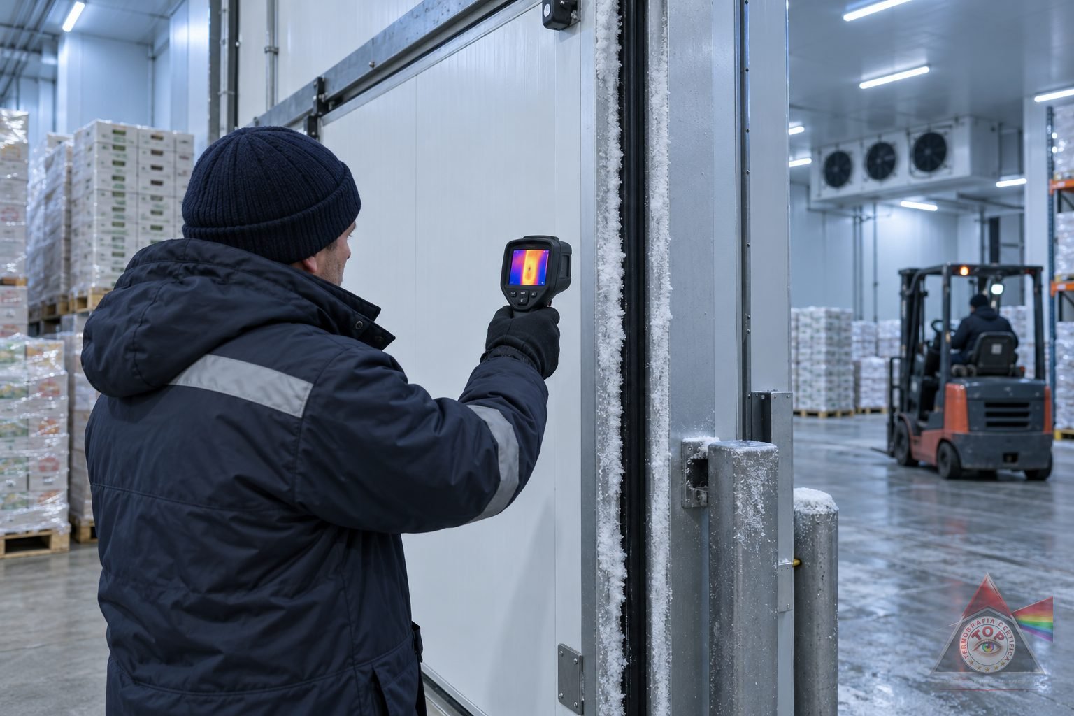 Porta di una cella frigorifera industriale con guarnizione perimetrale, cornice e pannelli sandwich, rilevata dall'esterno con termocamera in un magazzino a temperatura controllata