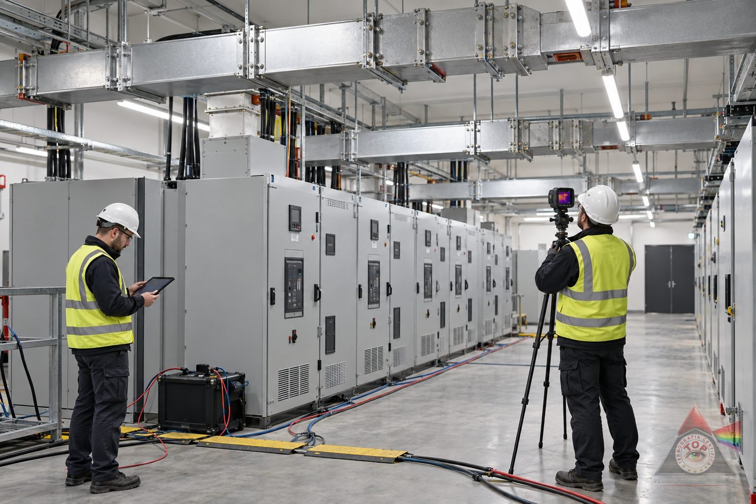 Sala elettrica di un data center in fase di collaudo, con le dorsali di condotti sbarre in rame che scendono dal soffitto verso il quadro generale di bassa tensione e un operatore termografico davanti a un giunto
