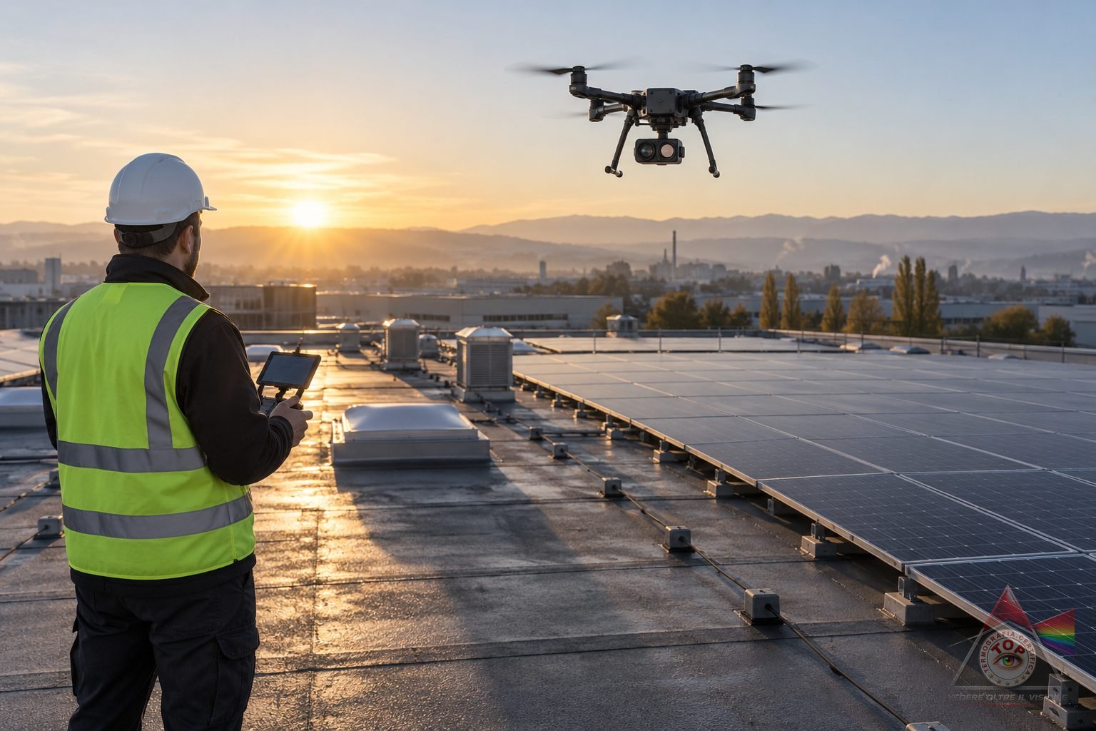 Drone con termocamera in volo all'alba sopra la copertura piana di un capannone industriale, con la membrana ancora in ombra e l'operatore a terra sul piazzale