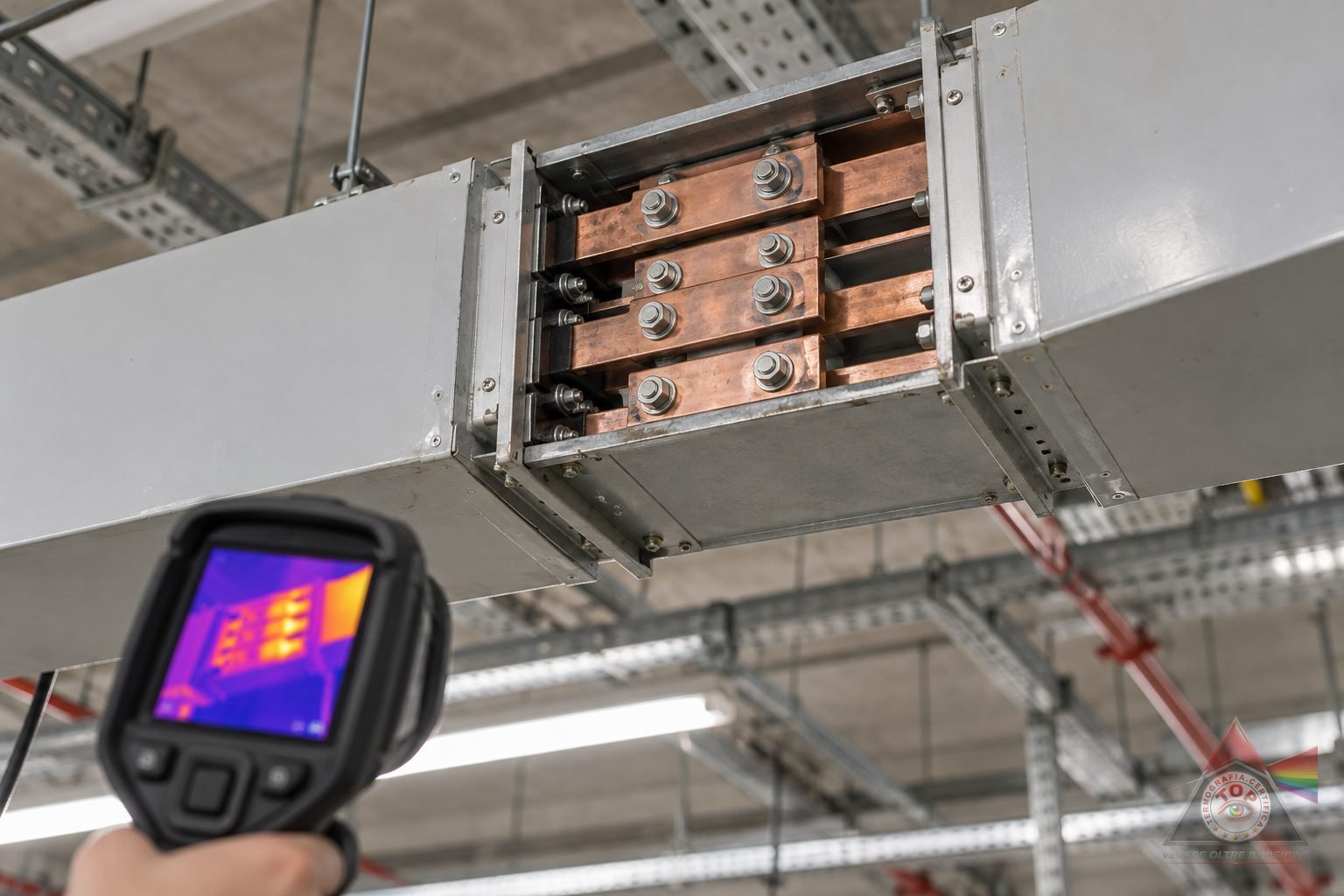 Giunto di un condotto sbarre in rame con il coperchio rimosso, ispezionato con la termocamera mentre il ramo è alimentato da un load bank durante il collaudo di un data center