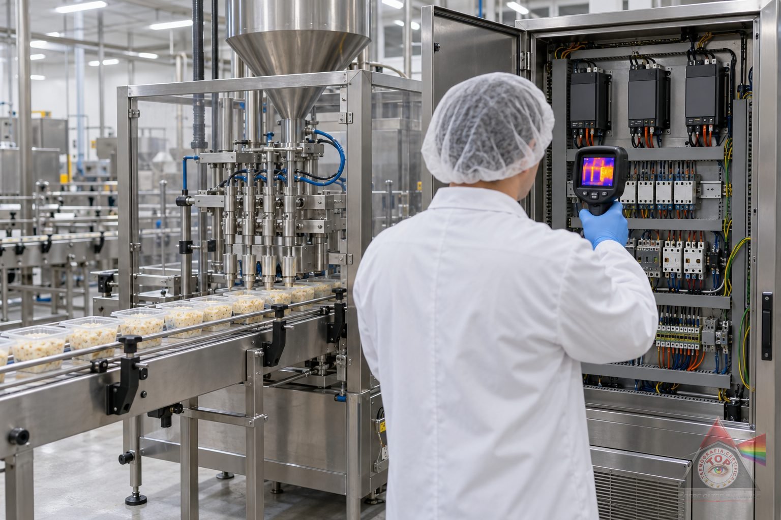 Quadro elettrico bordo macchina aperto lungo una linea di confezionamento alimentare in marcia, con operatore che inquadra i morsetti con la termocamera dal corridoio di servizio