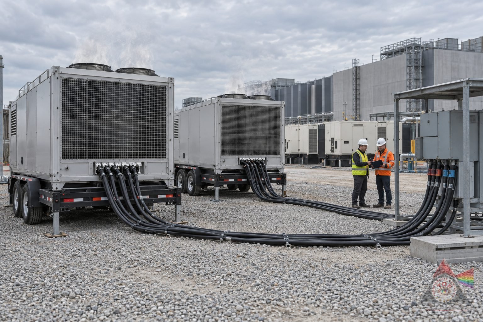 Load bank resistivi collegati in una sala elettrica di data center durante il collaudo, con i cavi di potenza verso il quadro generale e i ventilatori di raffreddamento in funzione