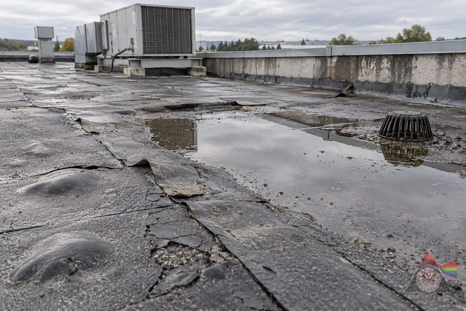 Membrana bituminosa di un tetto piano industriale con un ristagno d'acqua vicino a un bocchettone di scarico, giunzioni dei teli in vista e un'unità di trattamento aria sullo sfondo