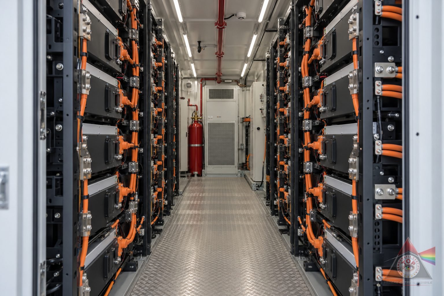 Rack di moduli batteria agli ioni di litio in un container BESS con lo sportello aperto, capicorda e cavi di stringa in primo piano durante un rilievo termografico