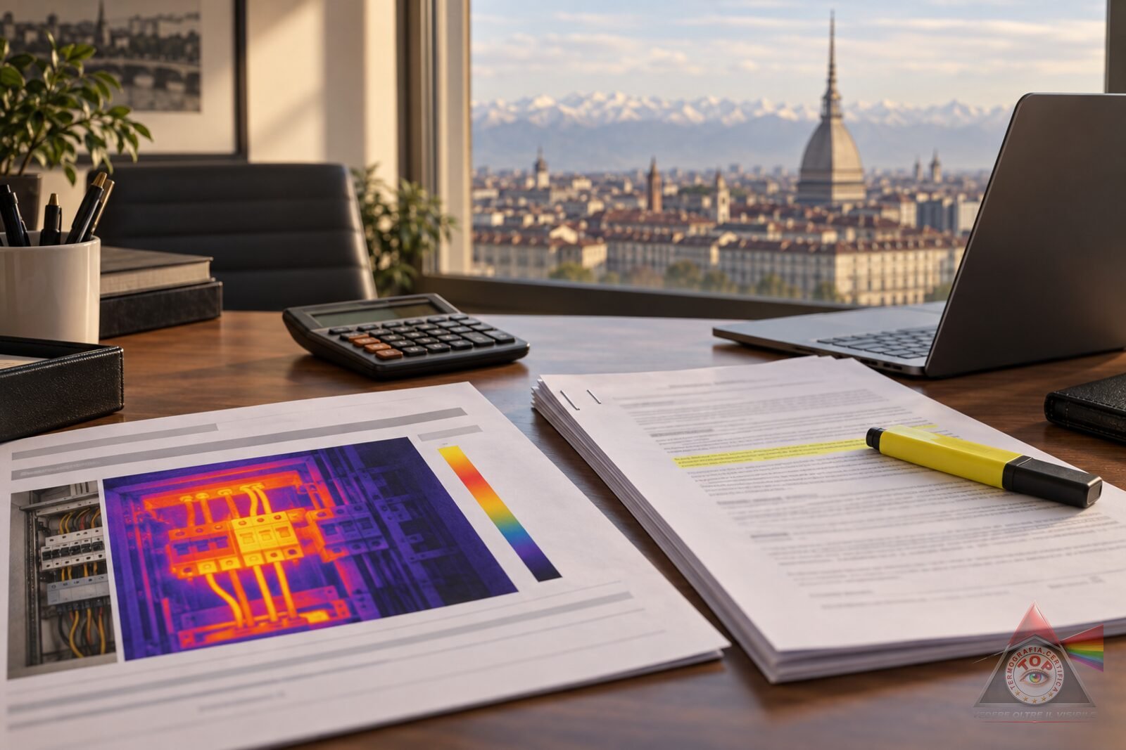 Scrivania con un report termografico stampato e una polizza incendio con le clausole evidenziate, la Mole Antonelliana sullo sfondo