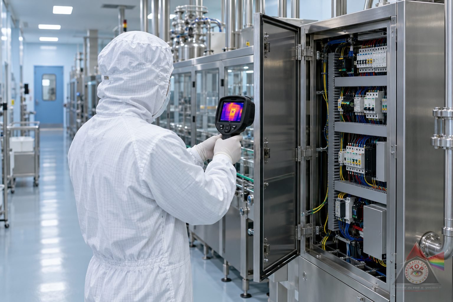 Operatore in camice e copricapo davanti a un quadro elettrico con finestra a infrarossi in un corridoio tecnico di uno stabilimento farmaceutico, termocamera in mano e porta di un'area classificata sullo sfondo