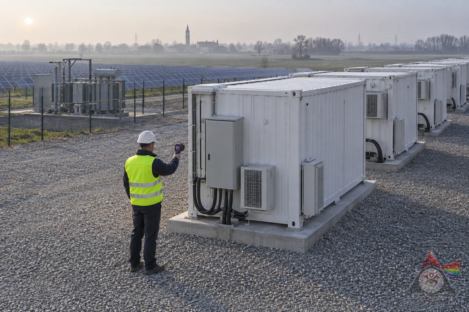 Operatore termografico davanti a un container di accumulo BESS aperto ai margini di un campo fotovoltaico, con la termocamera puntata sui rack di connessione