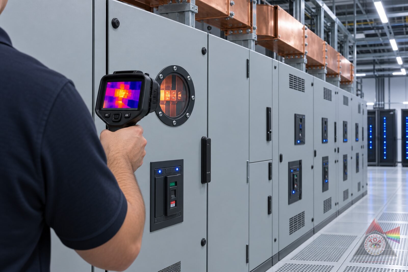 Termografia predittiva in un data center a Milano: tecnico con termocamera davanti a una fila di quadri di bassa tensione con condotto sbarre in rame, rilievo attraverso finestra a infrarossi
