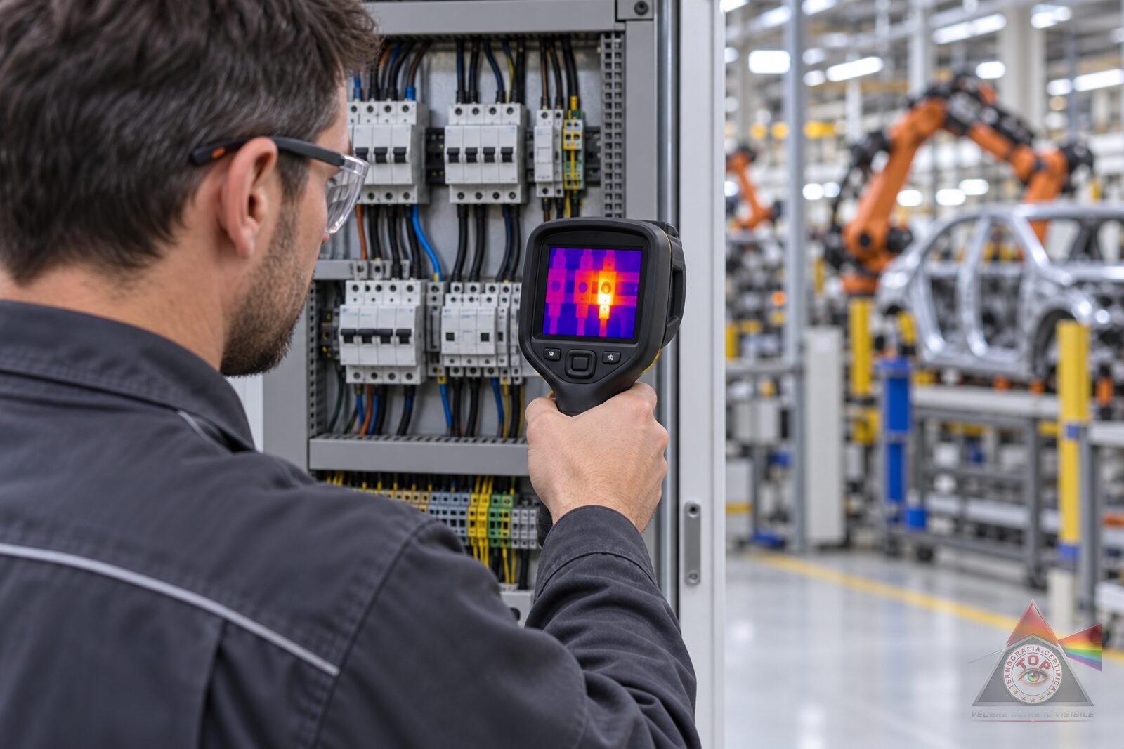 Operatore termografico davanti a un quadro elettrico di bassa tensione aperto in uno stabilimento di componentistica a Torino, con un morsetto caldo sul display della termocamera