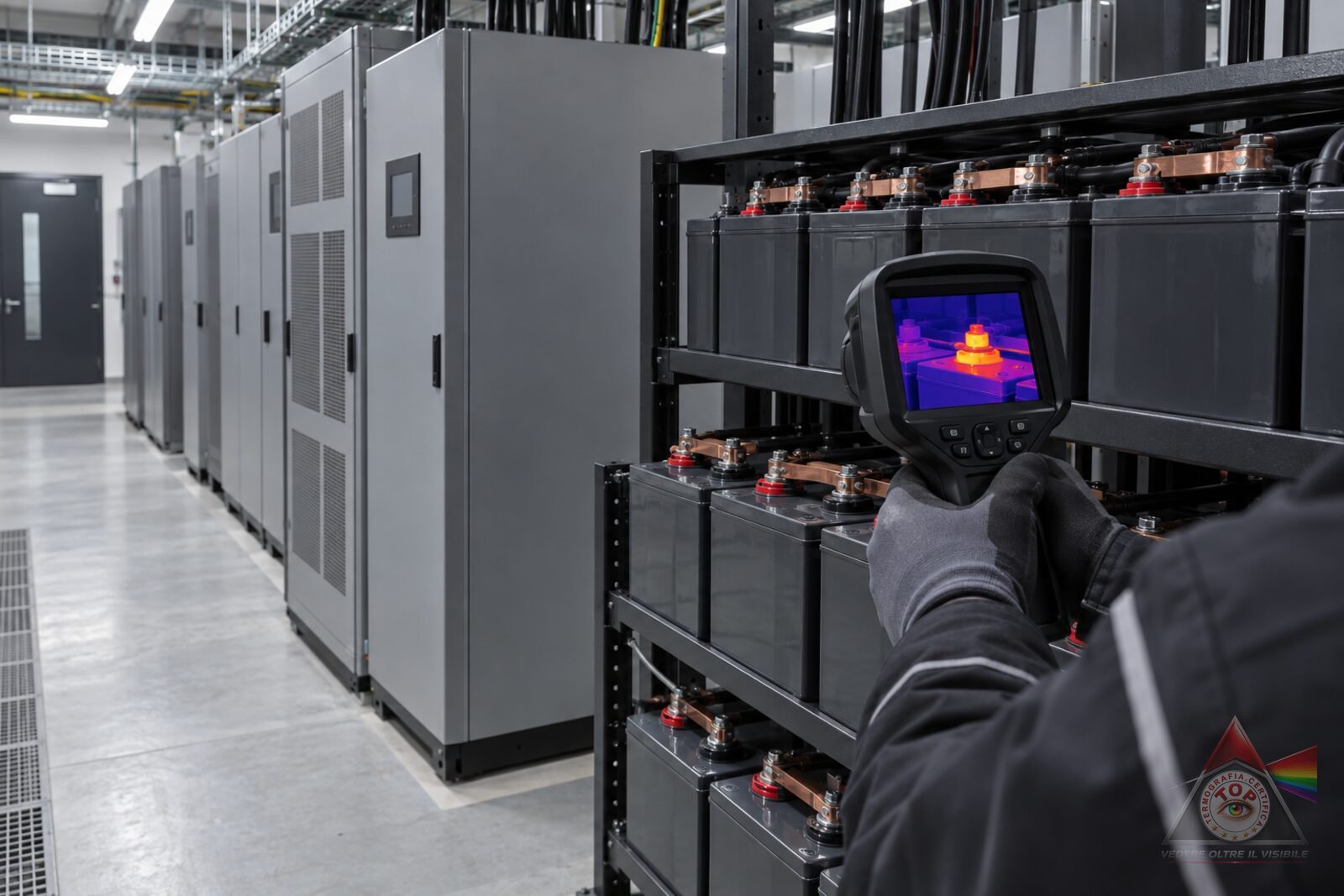 Sala UPS di un data center con rack di batterie in fila e tecnico che misura con la termocamera i terminali e le connessioni di stringa